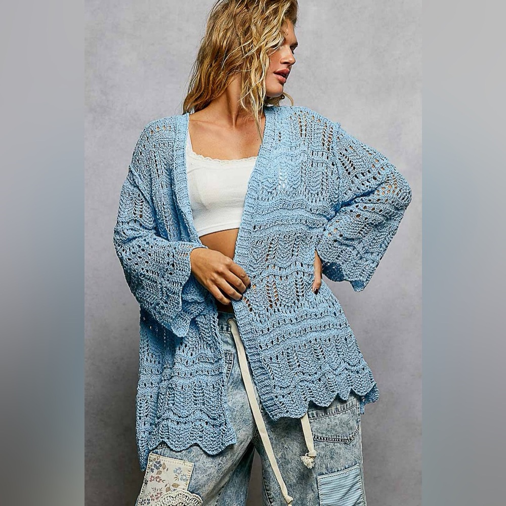 POL Openwork Lightweight Open Front Cardigan with Scalloped Edge